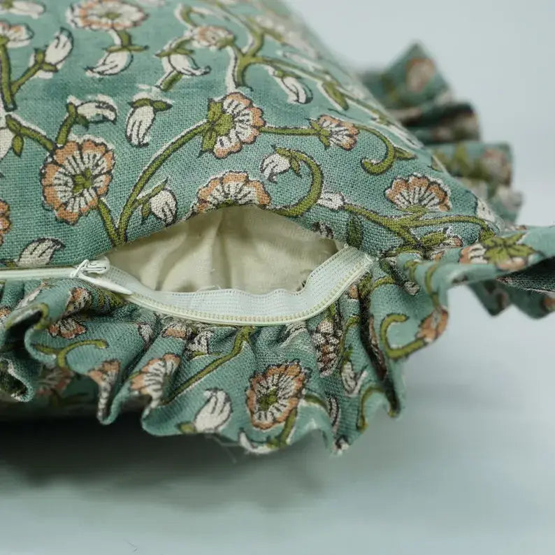 Bohemian Block Print Pure Linen Frill Pillow Cover-Himachal