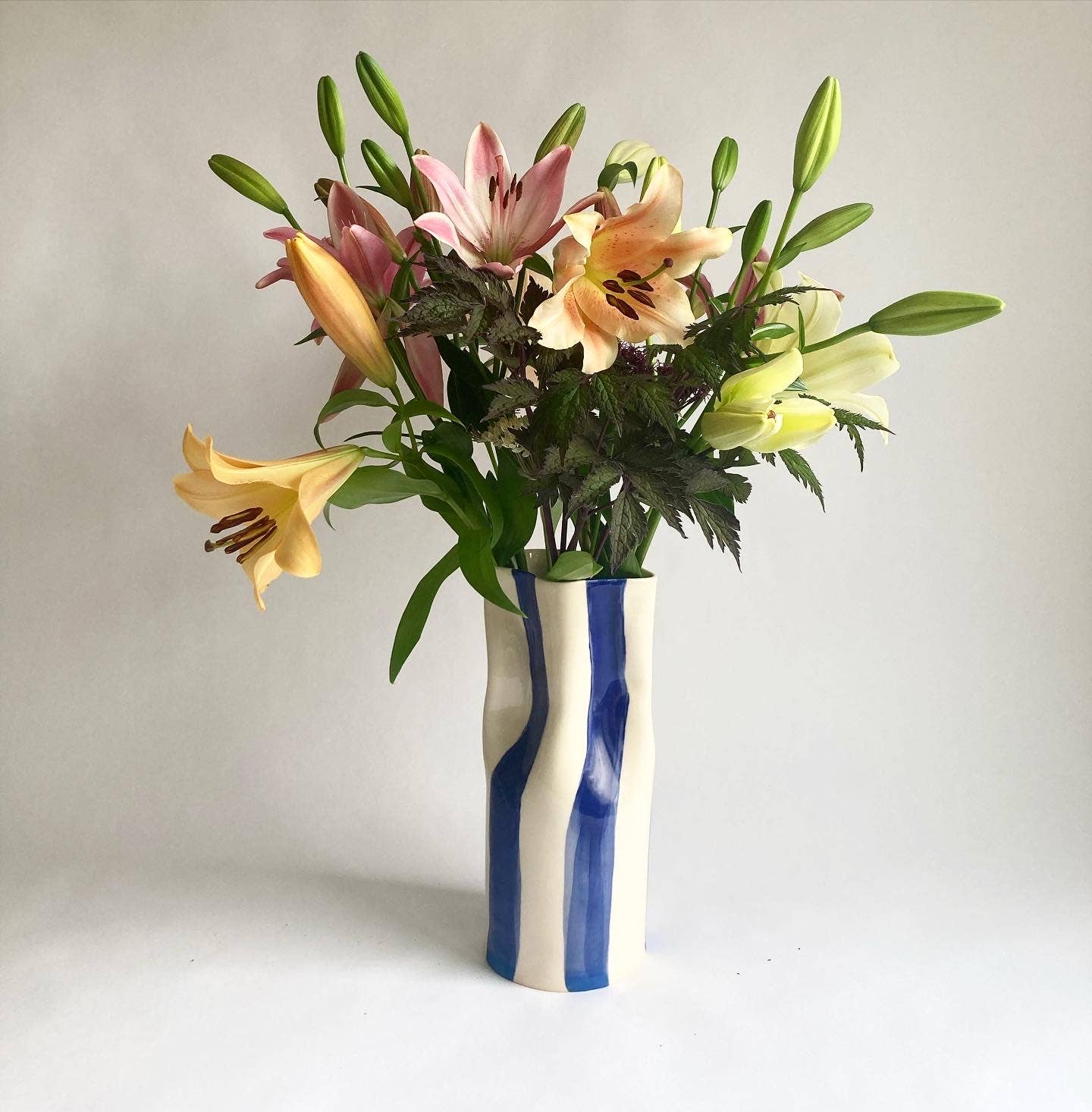 Medium Ceramic Pinched Vase with Stripes (Multiple Colors Available)