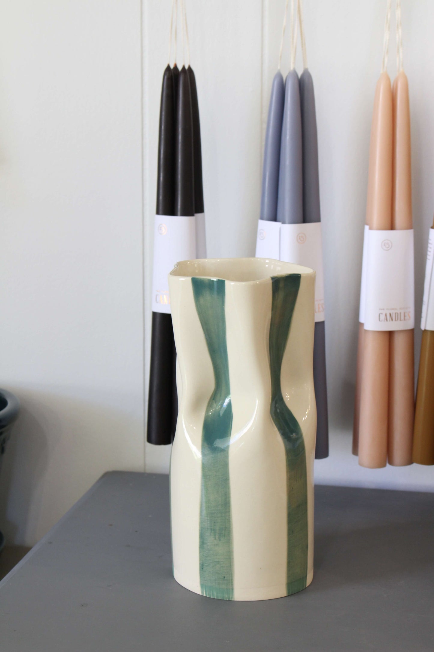 Medium Ceramic Pinched Vase with Stripes (Multiple Colors Available)