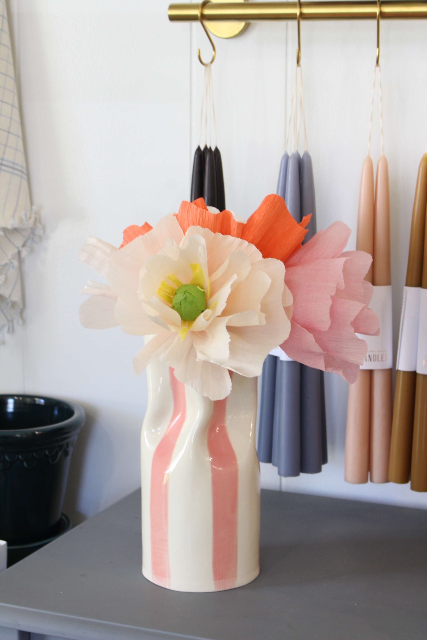 Medium Ceramic Pinched Vase with Stripes (Multiple Colors Available)