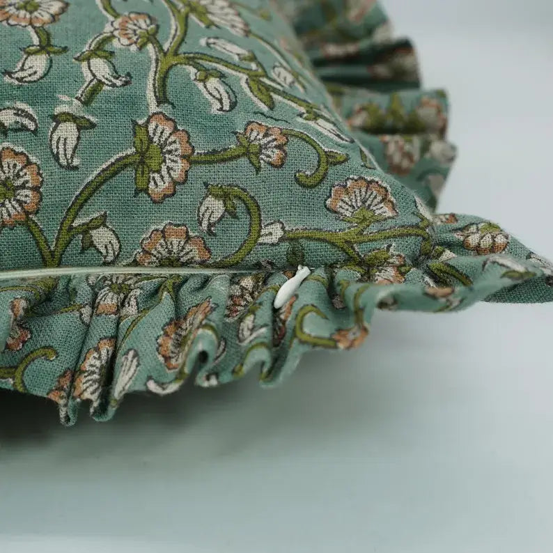 Bohemian Block Print Pure Linen Frill Pillow Cover-Himachal
