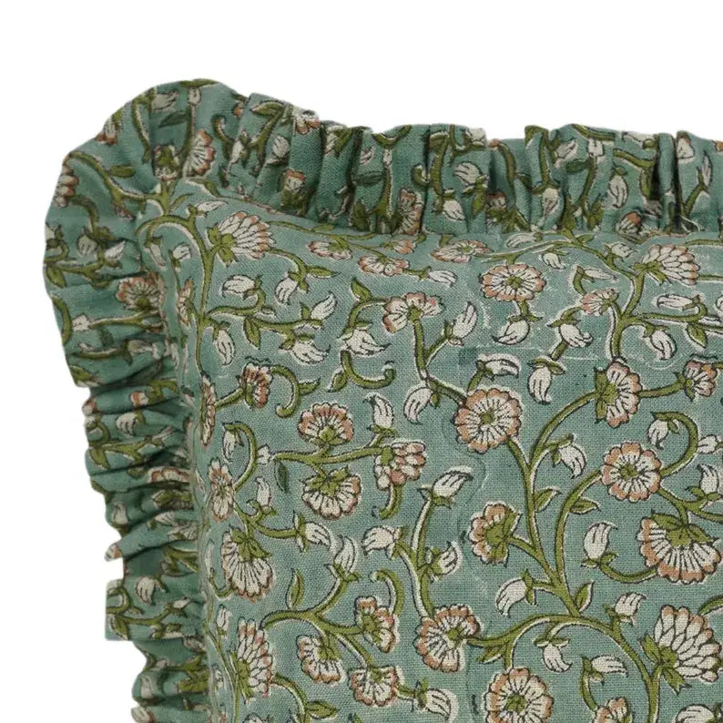 Bohemian Block Print Pure Linen Frill Pillow Cover-Himachal