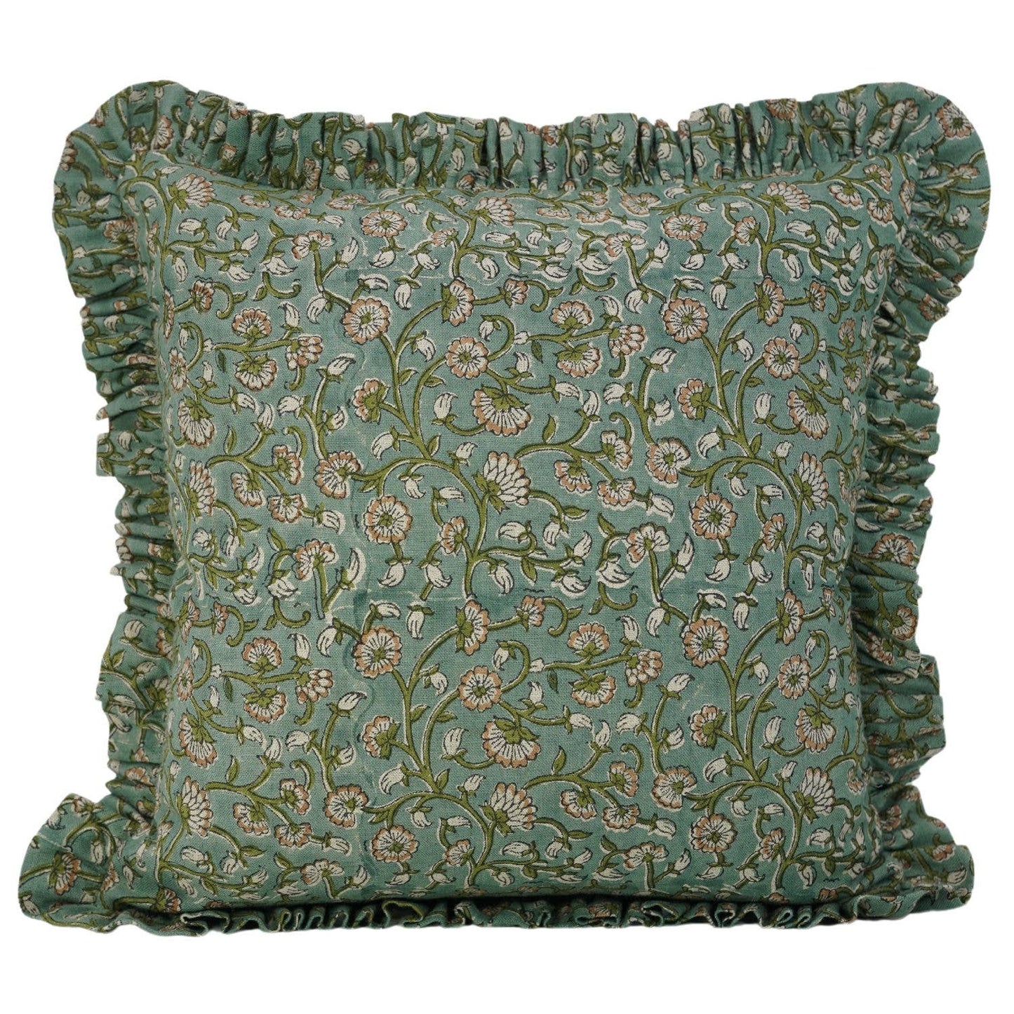 Bohemian Block Print Pure Linen Frill Pillow Cover-Himachal