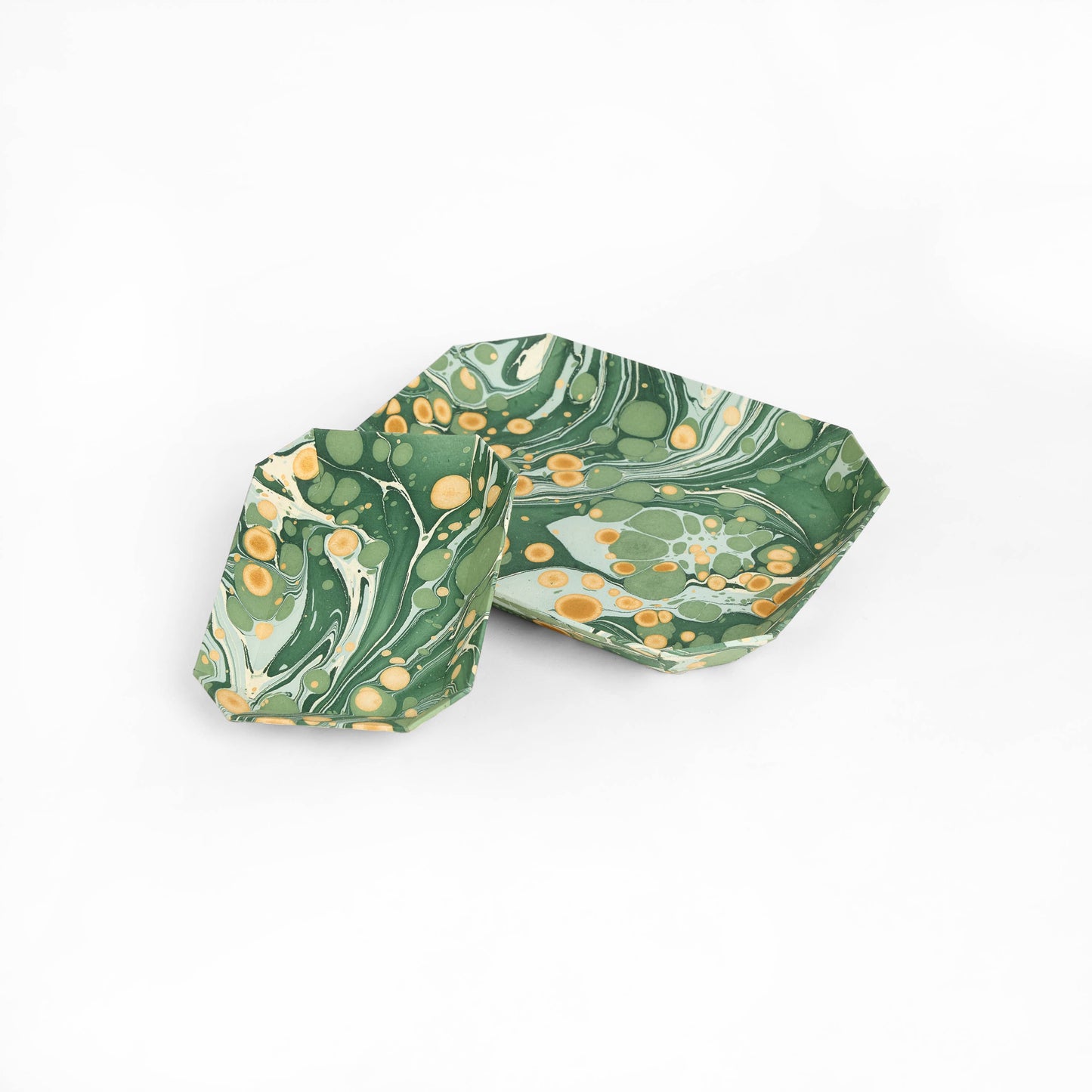 Green Golden Pebble | Hand Marbled Tray Set