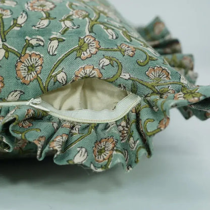 Bohemian Block Print Pure Linen Frill Pillow Cover-Himachal