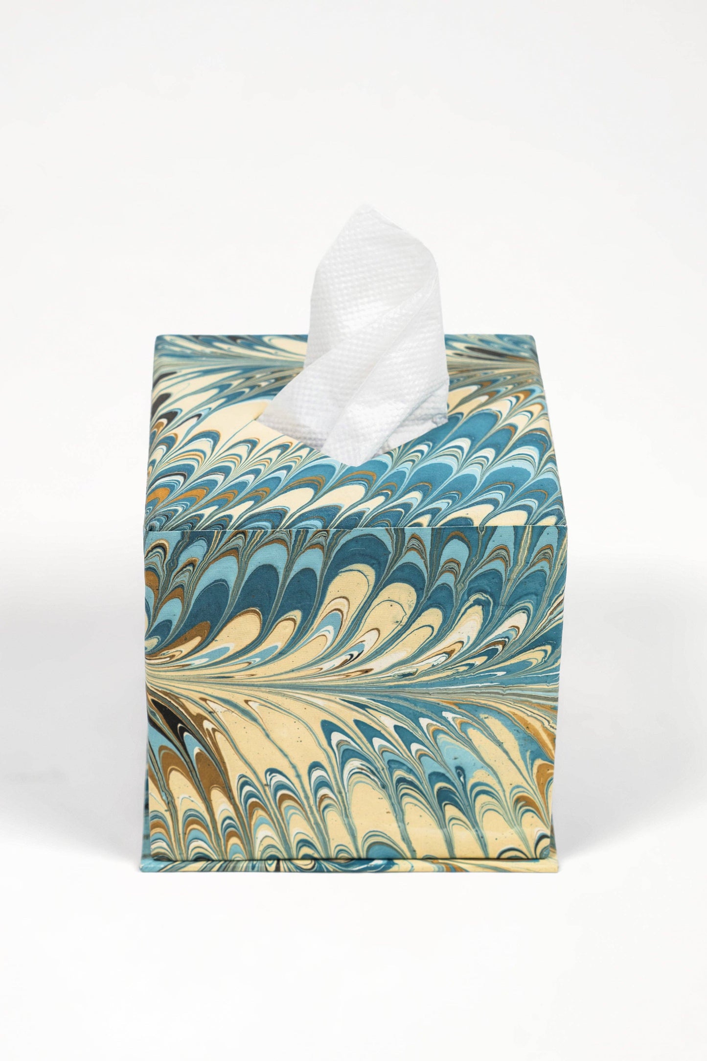 Hand-Marbled Tissue Box Cover in Nila Feathers