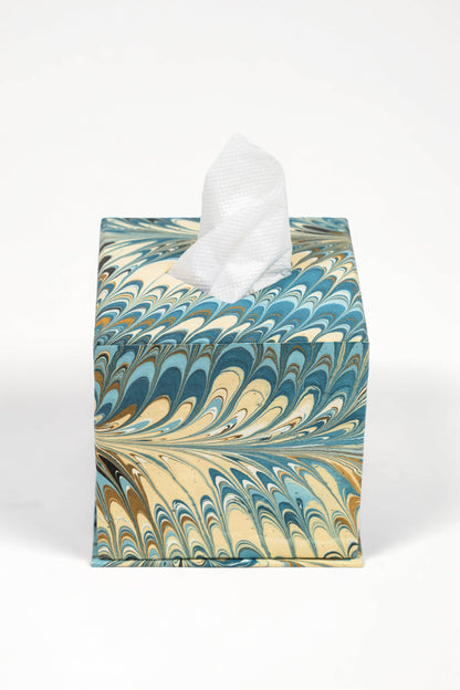 Hand-Marbled Tissue Box Cover in Nila Feathers