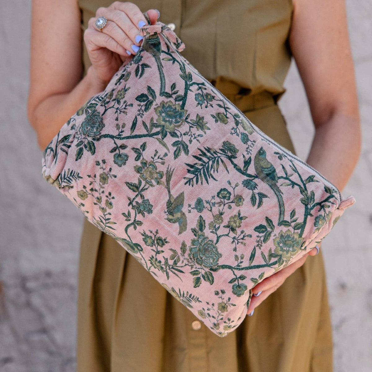 Blush Garden Velvet Cosmetic Pouch-Large