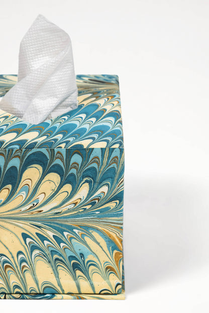 Hand-Marbled Tissue Box Cover in Nila Feathers