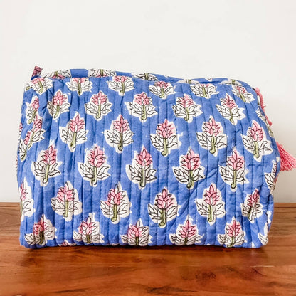 Deep Blue Floral Block Print Pouch