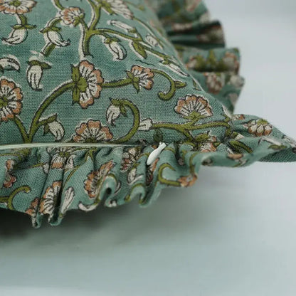 Bohemian Block Print Pure Linen Frill Pillow Cover-Himachal