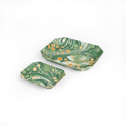 Green Golden Pebble | Hand Marbled Tray Set