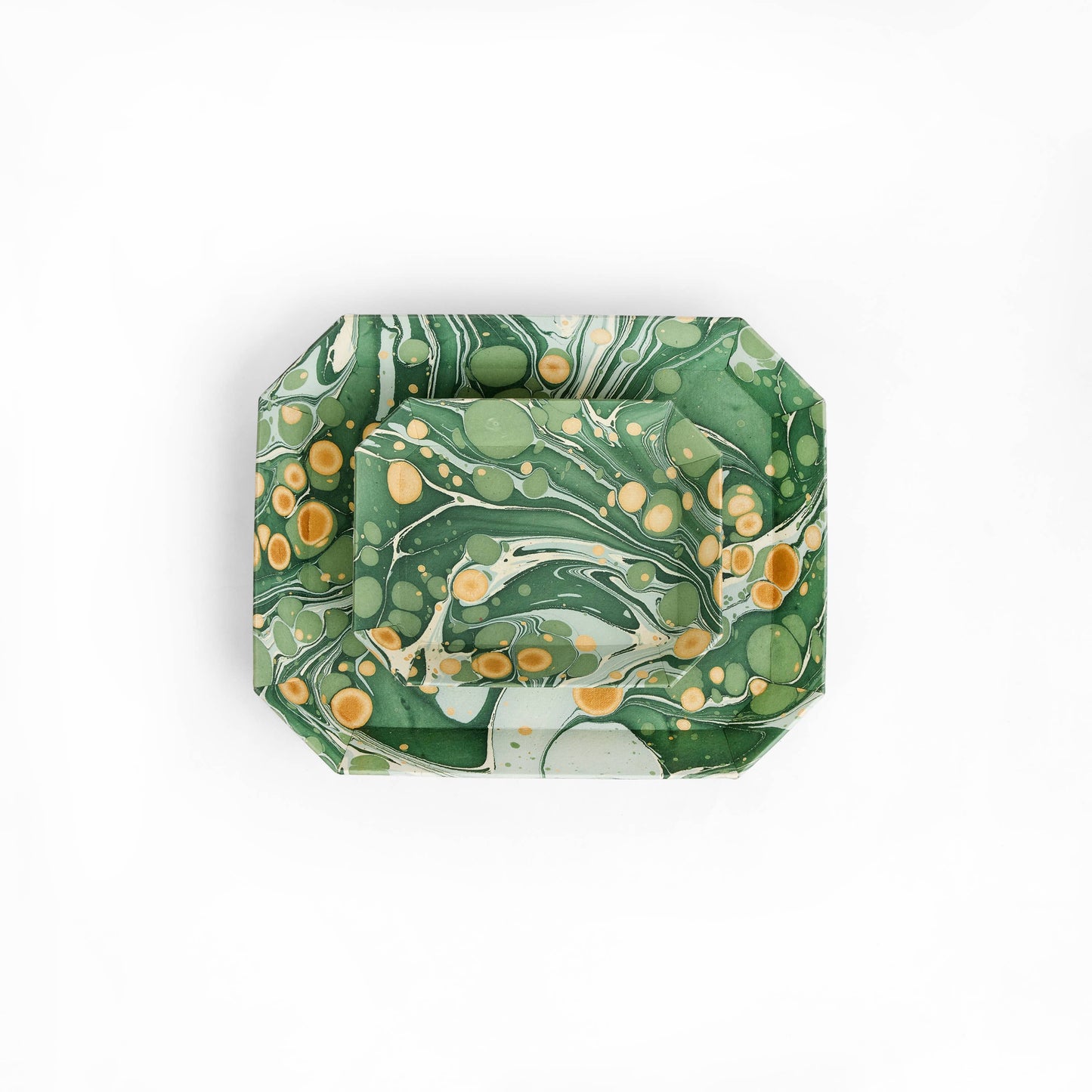 Green Golden Pebble | Hand Marbled Tray Set