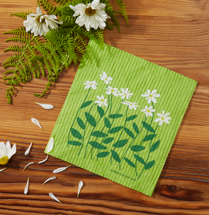 Daisies on Green Swedish Dishcloth