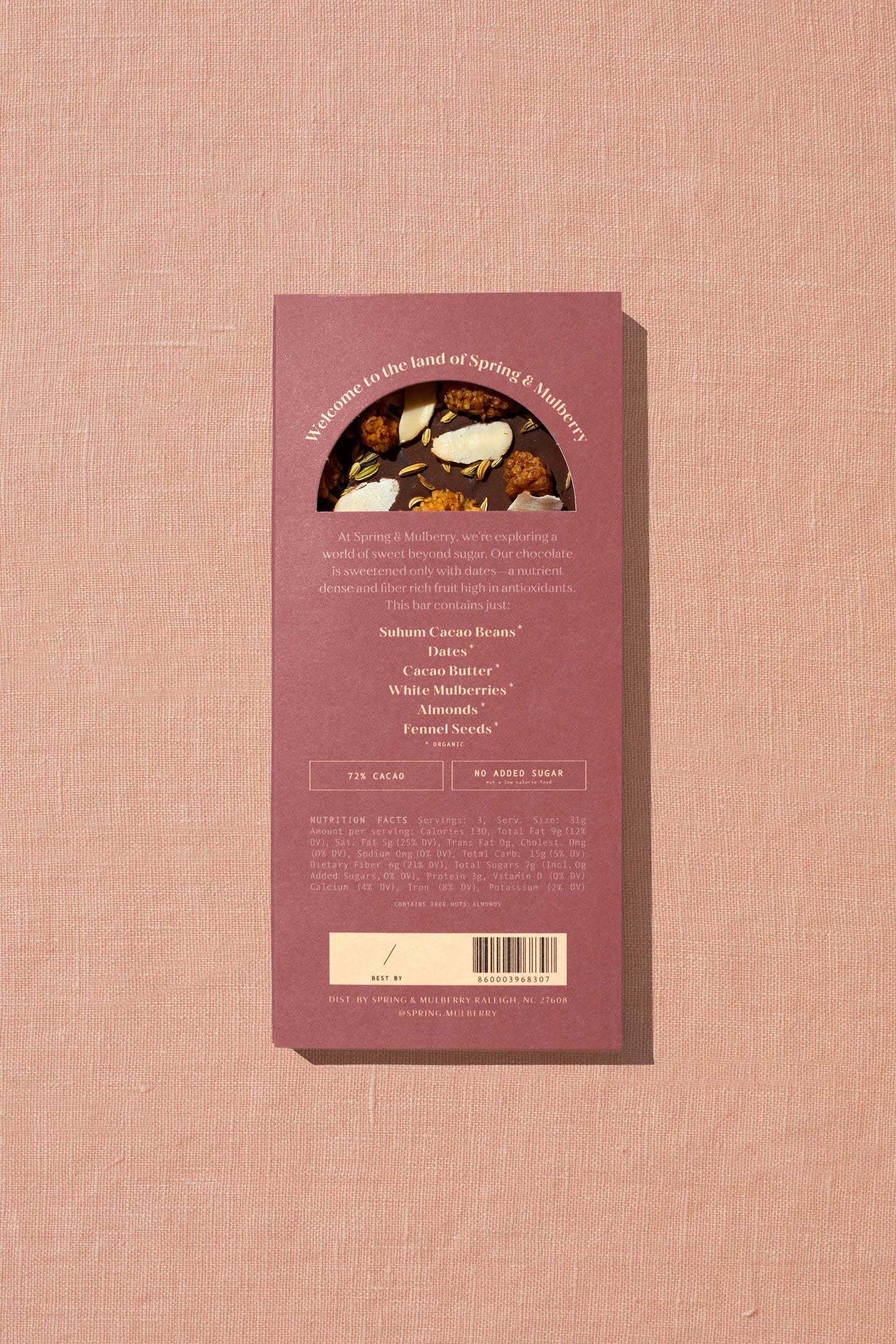 White Mulberry, Almond, Fennel Date-Sweetened Dark Chocolate