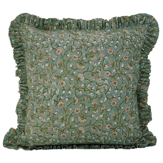 Bohemian Block Print Pure Linen Frill Pillow Cover-Himachal