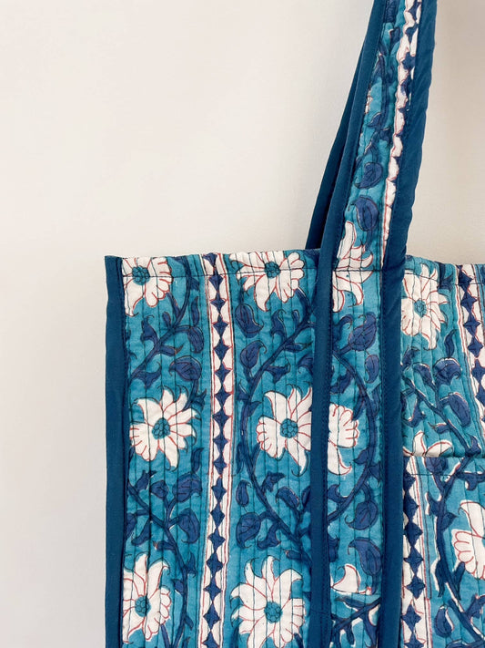 Blue Vines Block Print Tote Bag