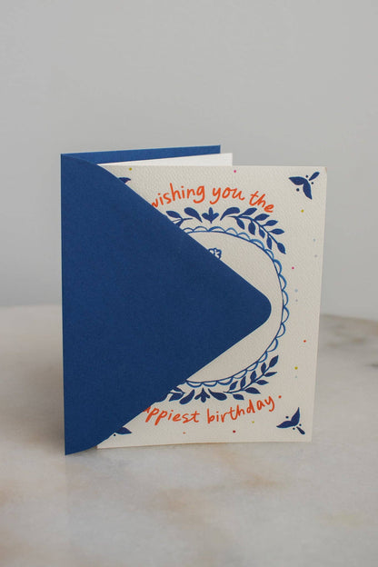 Blue Floral Polka Dot Birthday Card